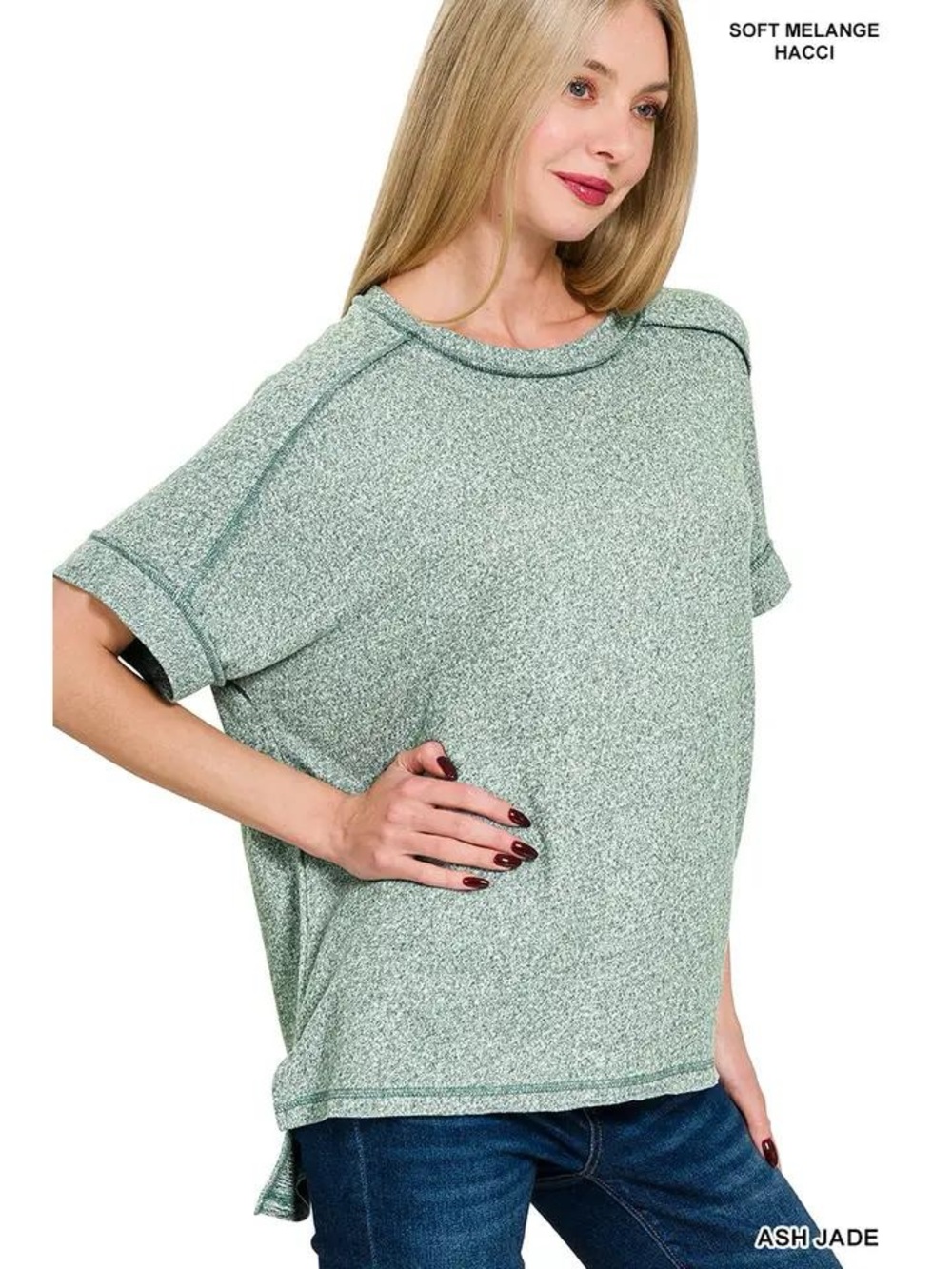 Zenana women's Soft Melange Short Sleeve Hi-Low Tee, Ash Jade